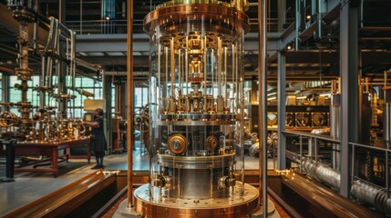 A detailed view of a large, intricate mechanical device in a workshop setting.