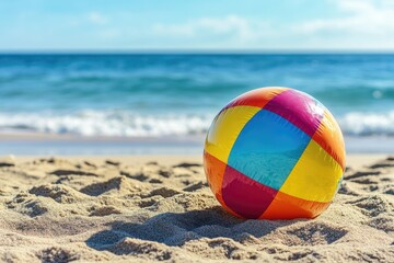 Obraz premium Colorful Inflatable Beach Ball on Sand with Copy Space. Hand-drawn Watercolor Illustration of Fun Summer Game by the Sea