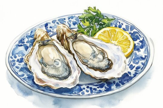 Deluxe Oyster Delight. Watercolor Illustration of Fresh Open Oyster with Lemon on Elegant Plate