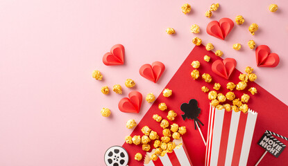 A Valentine's Day-themed setup with paper hearts, popcorn, and movie elements. The image conveys the idea of a romantic movie night with love and fun