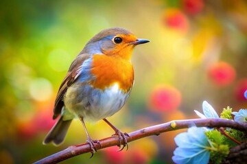 Obraz premium Captivating Tilt-Shift Photography of a Charming Robin Perched on a Branch Against a Softly Blurred Natural Background, Showcasing Nature's Beauty and Delicate Details