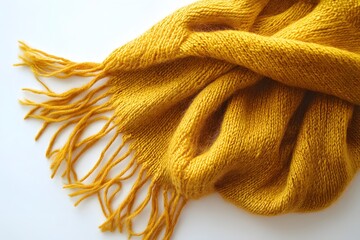 Yellow scarf isolated on white, autumn decor, fall clothing element.
