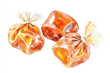 Hand Drawn Watercolor Caramel Candies Set on White Background