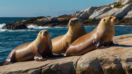 Fototapeta premium Here's a caption and keywords for your stock photo.. Three California sea lions rest on rocky shore.