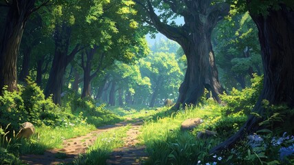 Obraz premium A sun-dappled path through a lush, green forest