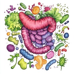 Hand-drawn Watercolor Illustration of Beneficial Probiotic Microorganisms for Digestive Health