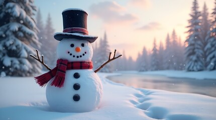 Obraz premium Charming snowman with scarf and top hat in winter wonderland, surrounded by snow-covered trees at sunrise