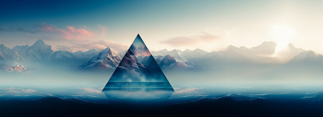 Tech-Infused Glass Pyramid Mirroring Clouds and Landscape: A Futuristic Vision