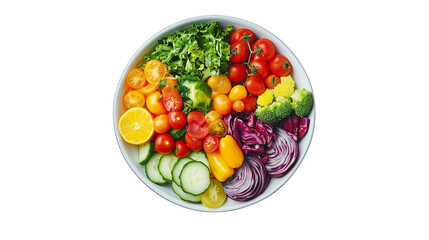  A bowl of colorful mixed salad, vibrant vegetables arranged symmetrically, PNG format Background. Generative AI 
