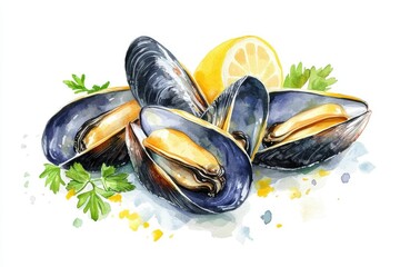 Seafood Delight: Lemon-Herb Mussels on a White Plate. Watercolor Illustration