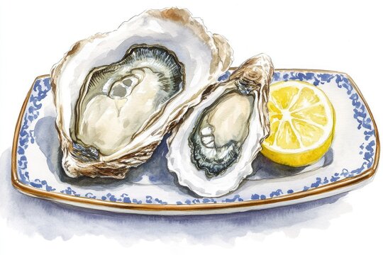 Seafood Delight: Oyster and Lemon on White Plate, Watercolor Illustration