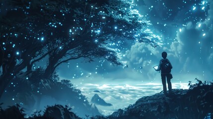 Obraz premium A solitary figure stands under a glowing tree, immersed in a magical, serene landscape.