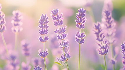 Obraz premium Soft, sunlit lavender flowers in a field. Delicate purple blooms create a calming, peaceful scene. Perfect for relaxation and nature themes.