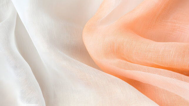 Soft, flowing fabric in delicate peach and ivory shades. The sheer texture and subtle color gradient create an elegant and luxurious feel, perfect for design inspiration or textile projects. - Powered by Adobe
