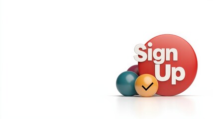 A vibrant "Sign Up" button with colorful spheres, inviting users to register or subscribe, set against a minimalistic white background.