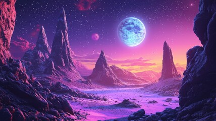 Fototapeta premium A Purple and Pink Alien Landscape with a Large Moon and Stars