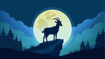 A goat stand at hill with moon at night for your background inspiration animal or wallpaper
