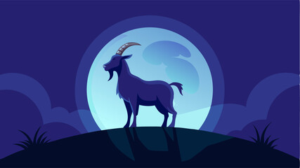 A goat stand at hill with moon at night for your background inspiration animal or wallpaper