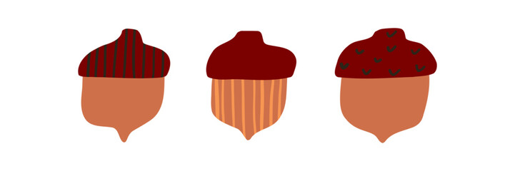 Set of acorns drawn in flat style. Forest, nature. Hand drawn vector illustration.
