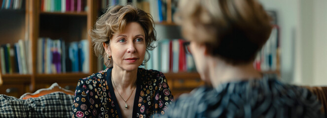 Fototapeta premium Skilled female counselor leading therapy session for middle-aged individuals.
