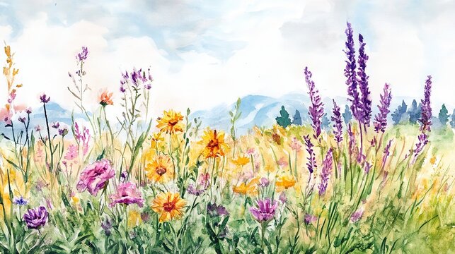 Surreal Watercolor Painting of Wild Flower Fields Embracing the Urban Landscape of New York City, Capturing the Essence of Nature's Beauty Amidst Concrete Jungle.