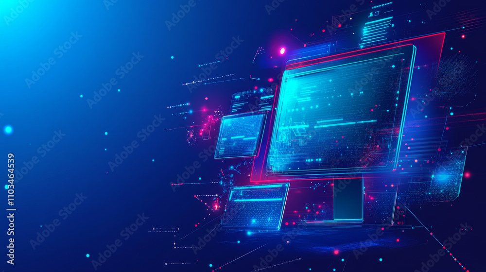 Poster abstract polygonal 3d illustration of computer screen and robotics in dark blue. innovative web deve