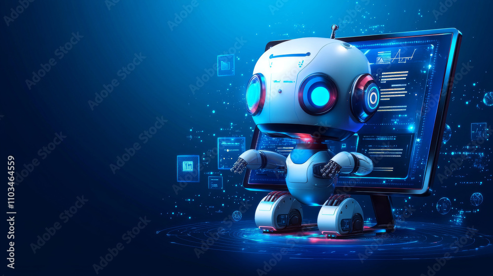 Poster abstract polygonal 3d illustration of computer screen and robotics in dark blue. innovative web deve