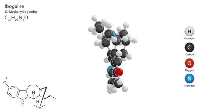 Ibogaine. Hallucinogenic substance. Animated 3D model of a molecule. Molecular formula: C20H26N2O. Chemical model: Ball and sticks. White background. 3D rendering. Seamless loop.