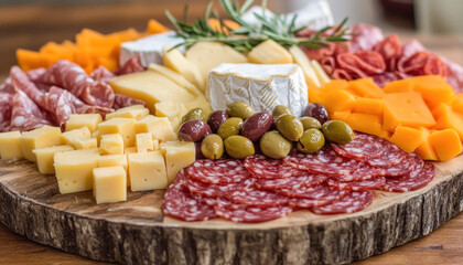 Charcuterie board presenting assorted cheeses, cured meats, olives, and rosemary