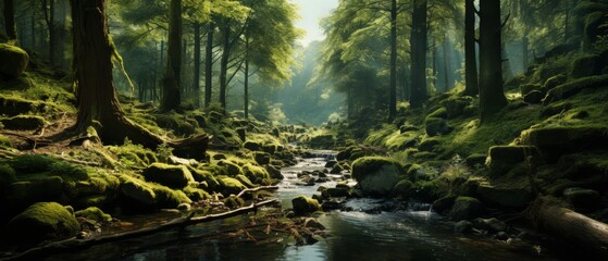 Obraz premium Tranquil Forest Stream Surrounded by Lush Greenery and Moss