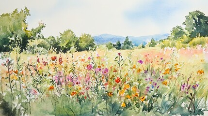 Obraz premium Surreal Watercolor Painting of Wild Flower Fields Embracing the Urban Landscape of New York City, Capturing the Essence of Nature's Beauty Amidst Concrete Jungle.