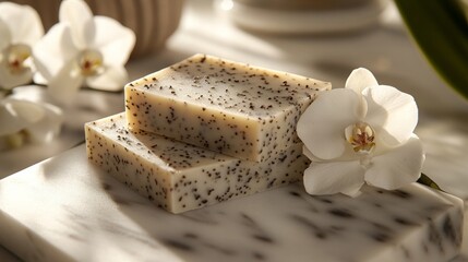 Luxurious Handmade Soap Bars with Natural Ingredients and Delicate Orchid on Marble Background