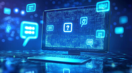 Chatbot abstract logo on a computer monitor screen and speech bubbles, question marks, and quote icons. Digital chatting artificial intelligence concept on technology blue background. Low poly vector