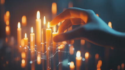 Abstract man touches colorful candlesticks with his index finger. The concept of risk management. A digital hand is touching and lifting up the graph chart. Vector illustration with 3D effect
