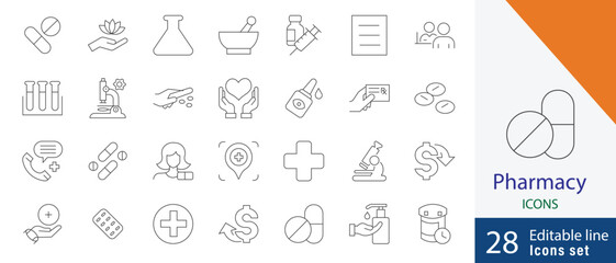 Pharmacy editable line icon Set. containing  syrup, medicine, drug, bandage, stethoscope, healing, cream and more thin line icons
