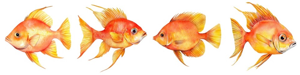 Fototapeta premium Colorful goldfish swimming in a row, showcasing vibrant hues and delicate fins. Summer element playful collection