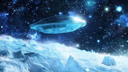 Obraz premium Futuristic spacecraft hovering above icy Uranus surface, distant stars and faint rings visible, symbolizing outer solar system exploration with advanced technology.