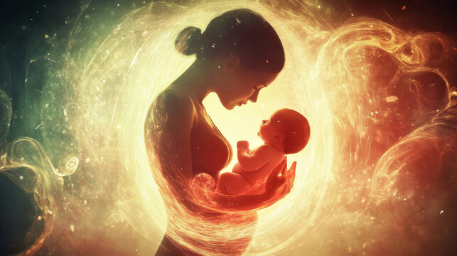 Closeup of an abstract pregnant woman with embryo in her maw side view. Isolated pregnancy medical concept on white. Vector low poly wireframe illustrations with connected dots, and triangle shapes.