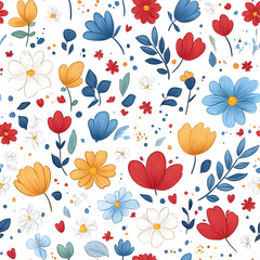 Floral flowers and beautiful colorful leaves wallpaper seamless pattern for interior decoration or background.