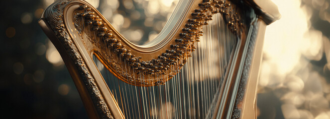 Captivating Close-Up of a Gorgeous Lever Harp with Soft Focus Background to the Left