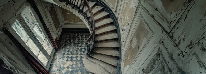 Obraz premium Enchanting Spiral Staircase in an Abandoned Historical Structure: A Photographer's Dream.