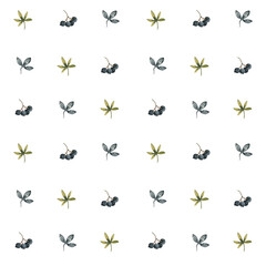 Watercolor autumn seamless pattern with green leaves and blueberries.