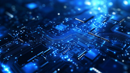 Obraz premium Thin circuit trace lines in blue on a dark technology background. Abstract digital tech bg. Electronics and computer technology concept. Chip and circuit board. Vector illustration with text space. 