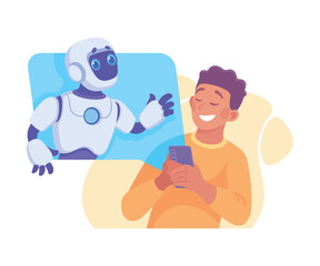 Man Use Smartphone App with Robot Character as Smart Android Assistant Machine Vector Illustration