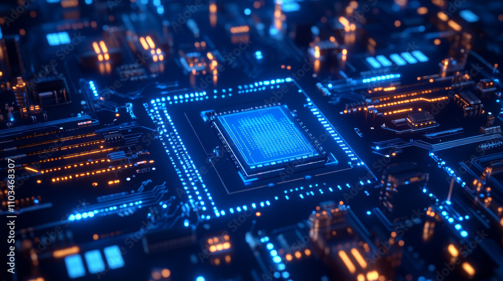 Aufkleber thin circuit trace lines in blue on a dark technology background. abstract digital tech bg. electron