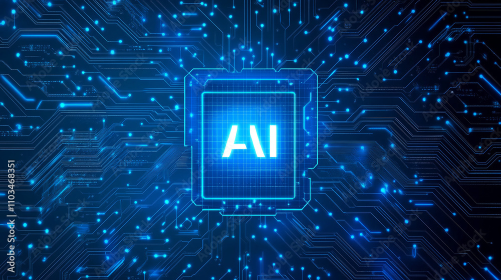 Poster abstract digital ai chip on the empty computer monitor. ai innovation concept. technology blue backg