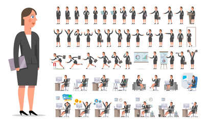 Businesswoman or manager character creation big set. Different views, gestures, emotions.