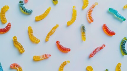 Gummy Worms and Candy on White Background - A Sweet and Colorful Confectionery Display. The Delightful Gummy Worms and Assorted Candies on the Plain White Background, with Their Bright Colors and Temp