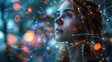 A contemplative young woman surrounded by abstract digital connections and lights.