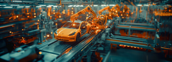 Cutting-Edge Green Energy Electric Vehicle Assembly Line: State-of-the-Art Robot Arm Production for Automated Car Factory 3D Design.